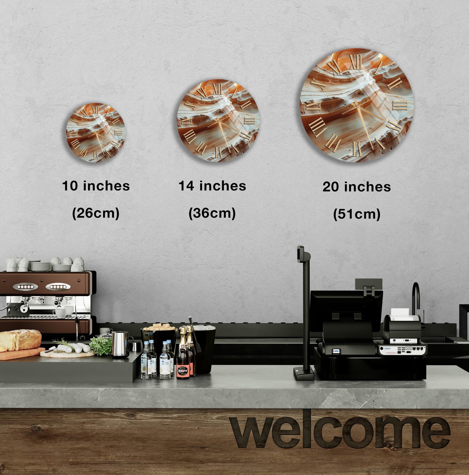 a counter with a cash register, a coffee machine, and various food items such as bottles and bread. Above the counter, there are three clock faces of different sizes, each displaying a different time. The image also includes text that provides the sizes of the clock faces in inches, ranging from 10 to 20 inches.