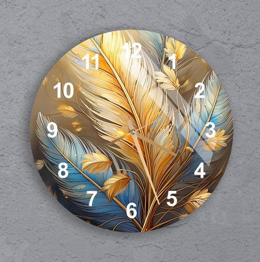 Tempered Glass Wall Clock - Blue Gold Leaf Floral Design | Silent Modern Decor