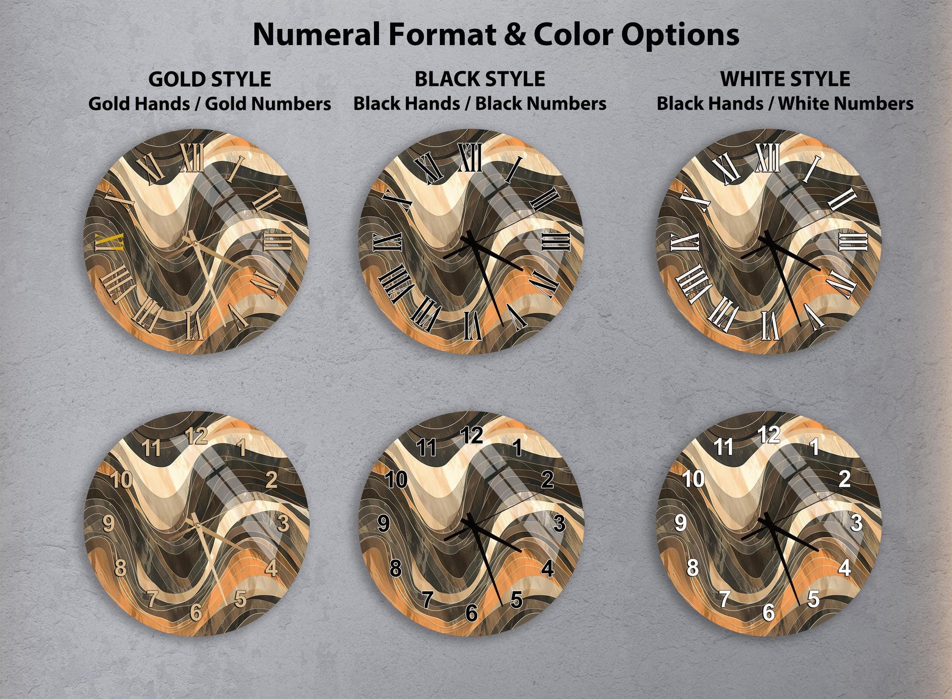 six different clock designs with various styles and color options, including gold, black, white, and black hands/numbers.
