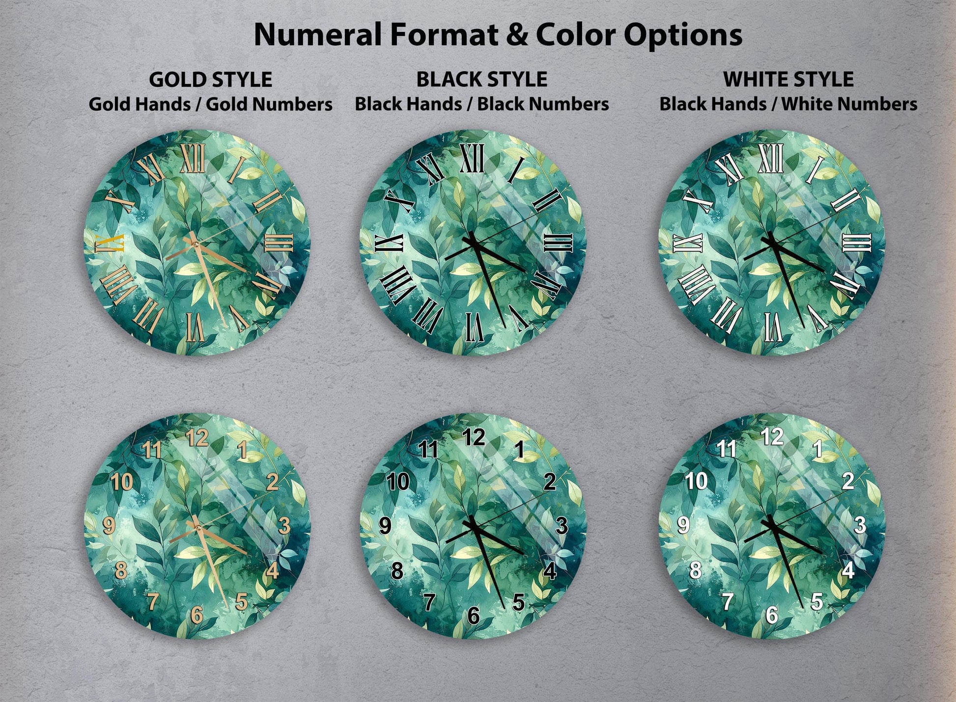 six different clock designs with various styles and color options, including gold hands, black hands, black numbers, black numbers, white hands, and white numbers.