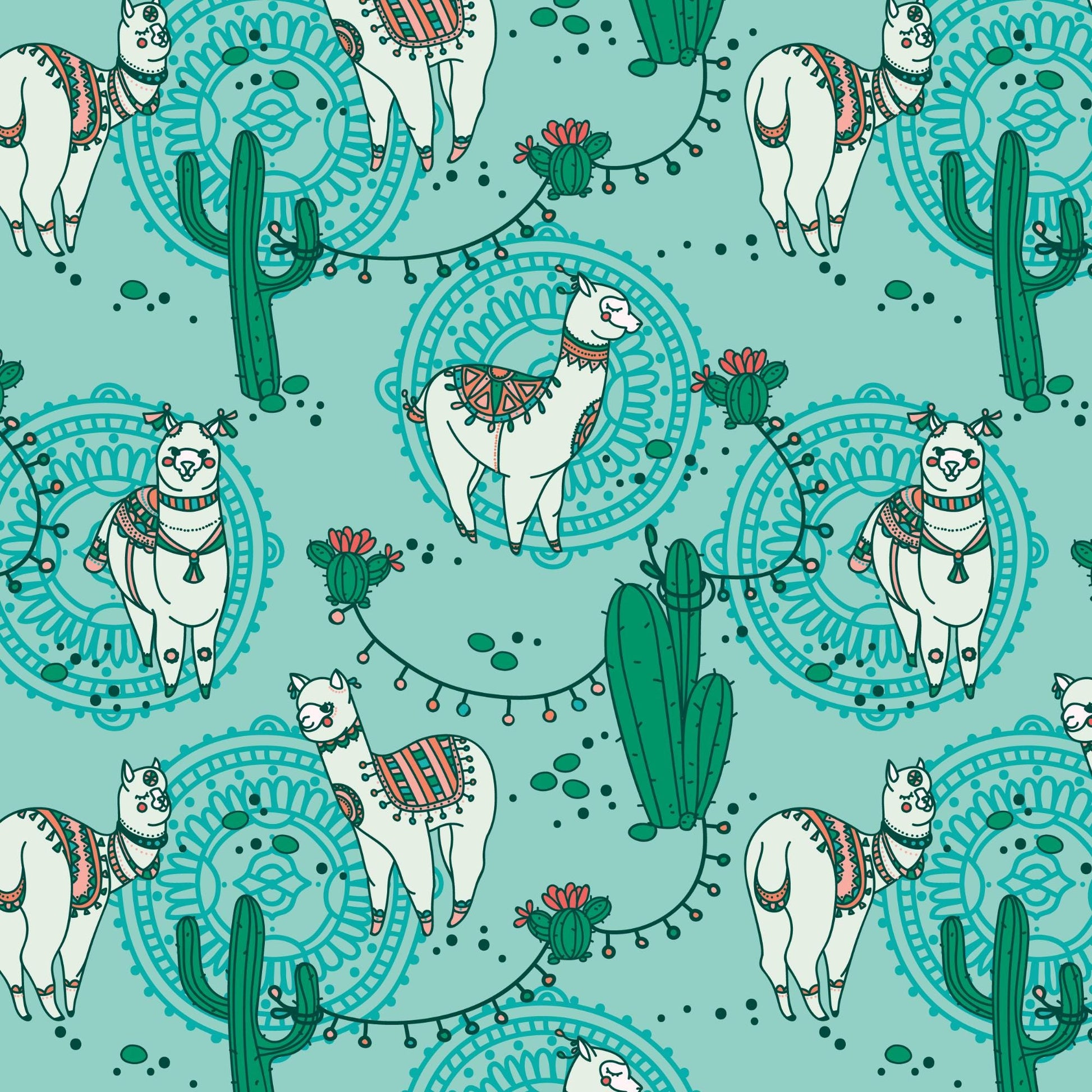 a repeating pattern of stylized llamas and cacti against a teal background.