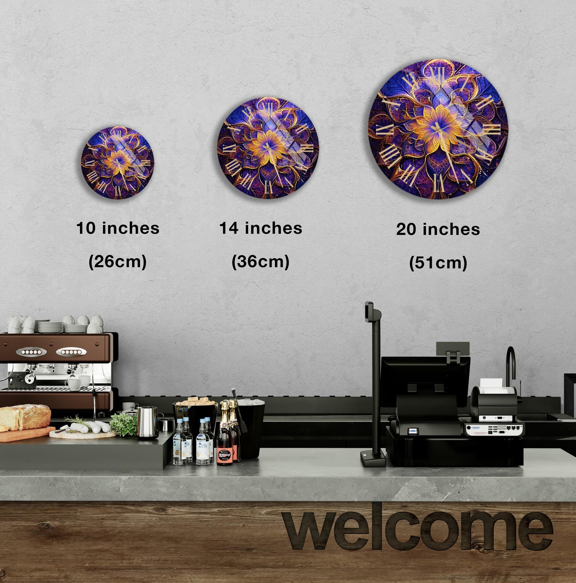 a counter with three clocks on the wall above it