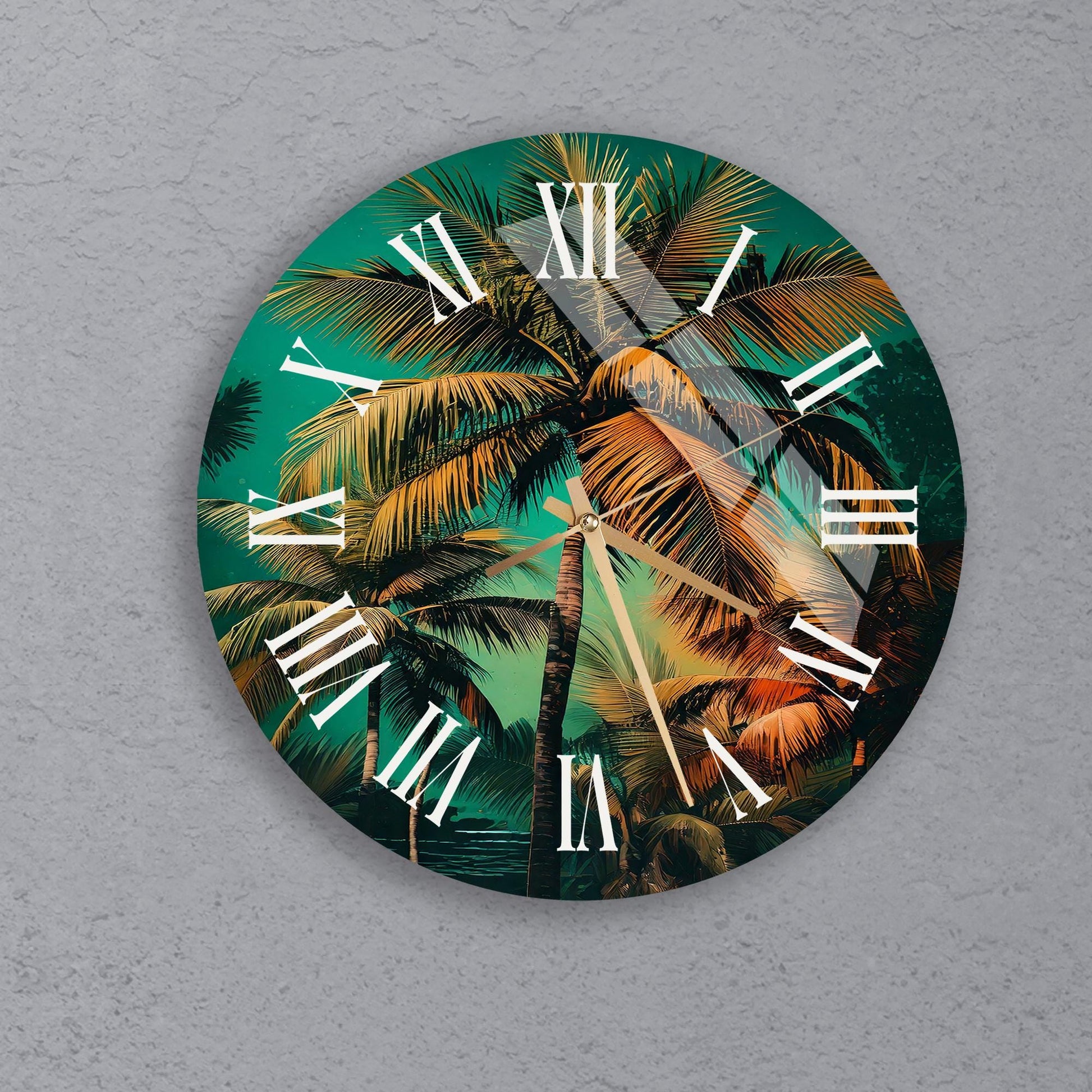 a clock on a wall with palm trees in the background
