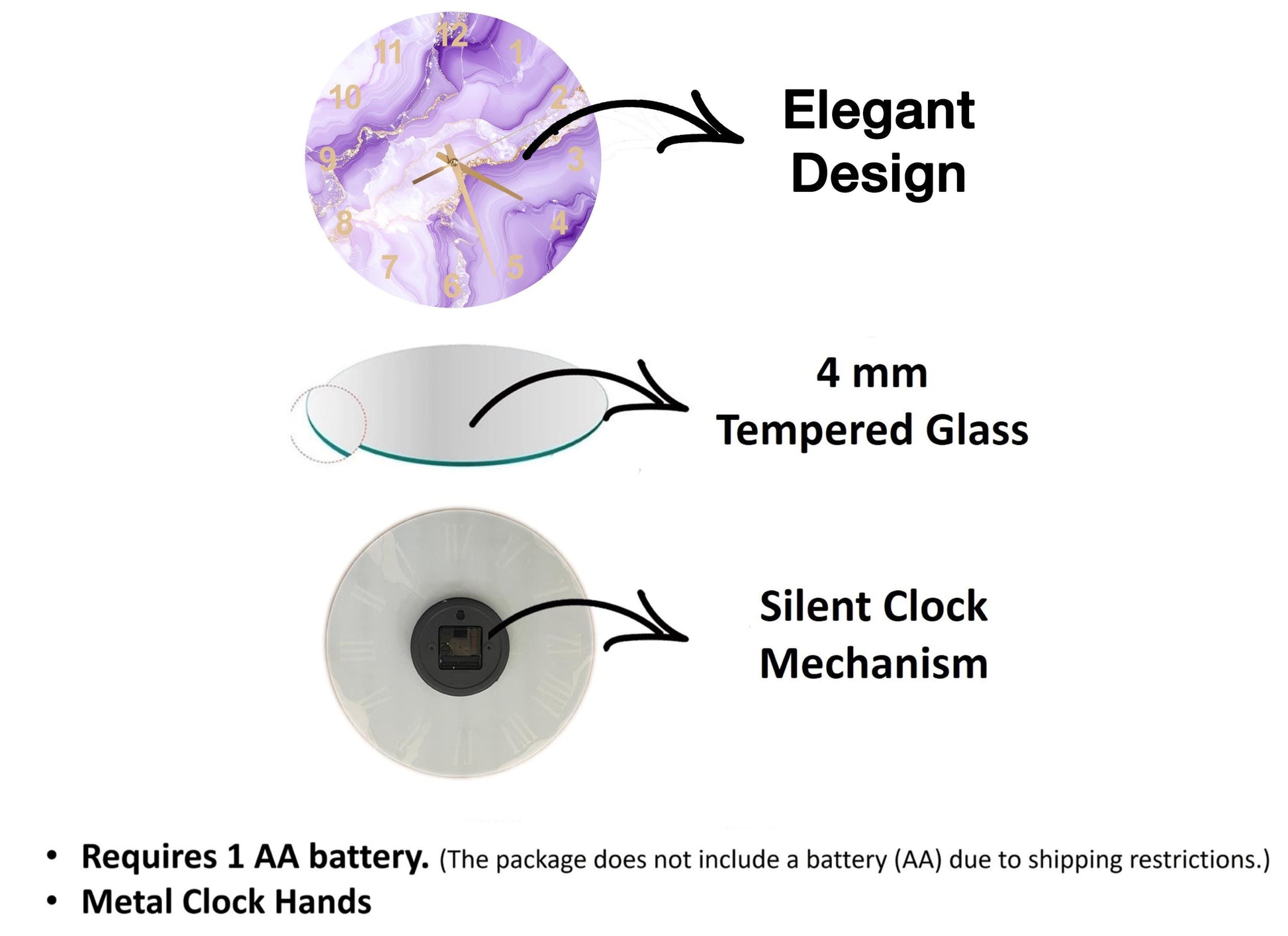 The image is a diagram that illustrates the features of a clock, including its design, size, and mechanism.