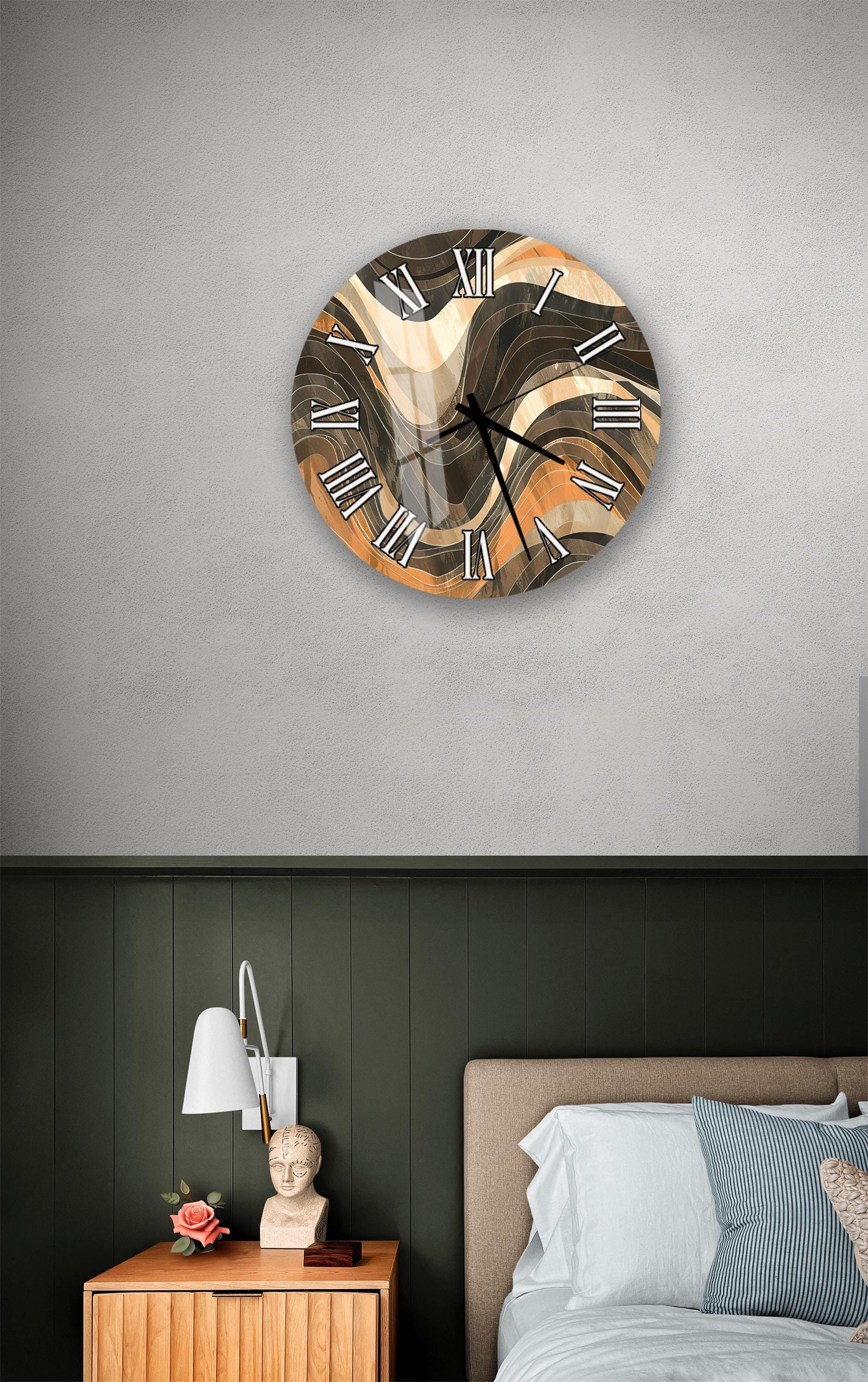 a bedroom setting with a wall clock, a nightstand, and a bed.