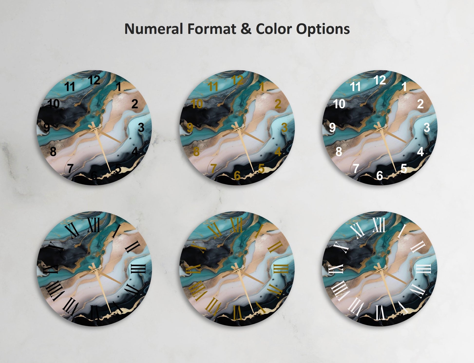 a set of four clocks with different designs on them