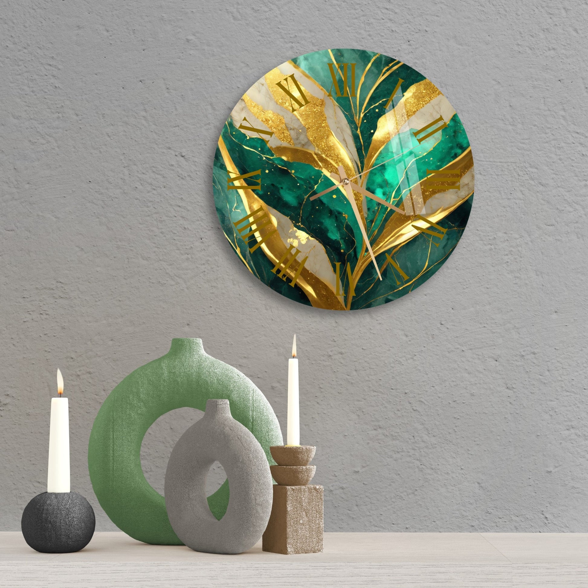 a table with a vase, candle holder and a wall clock