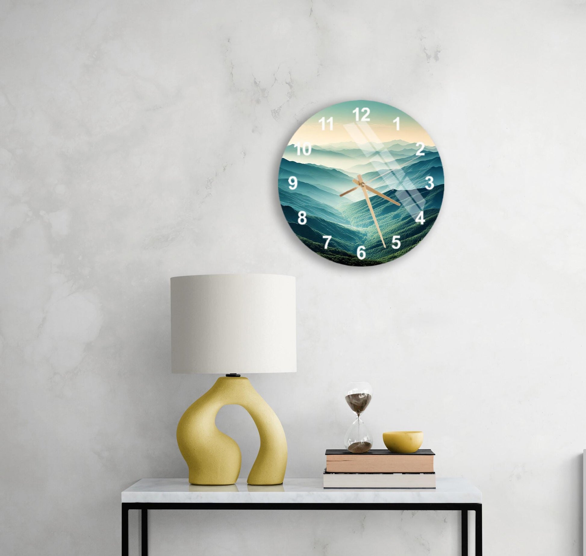a table with a lamp and a clock on it