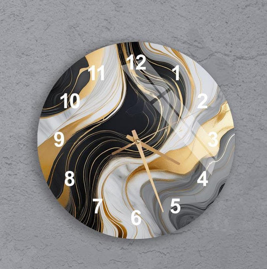 Tempered Glass Wall Clock - Abstract Black Gold Art, Silent Durable Decor