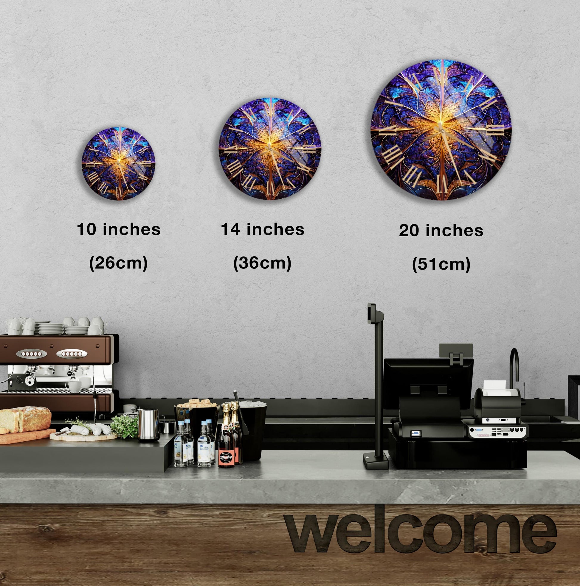 three clocks on the wall of a coffee shop