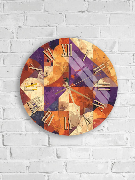 a round wall clock with a colorful abstract design, mounted on a white brick wall.