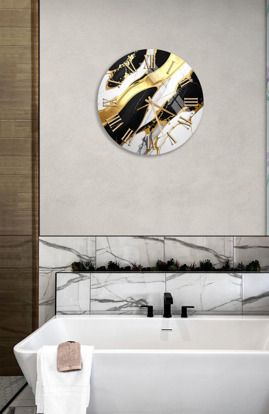 Black Gold Wall Clock – Tempered Glass Marble Design, Modern Silent Timepiece