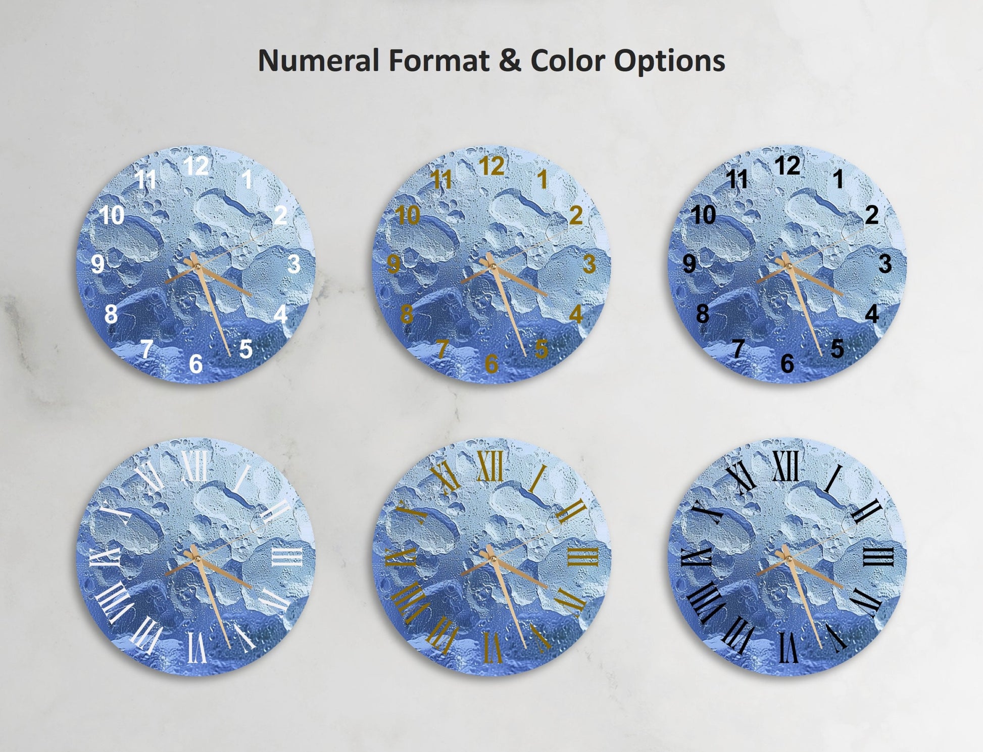 a set of four blue clocks with roman numerals