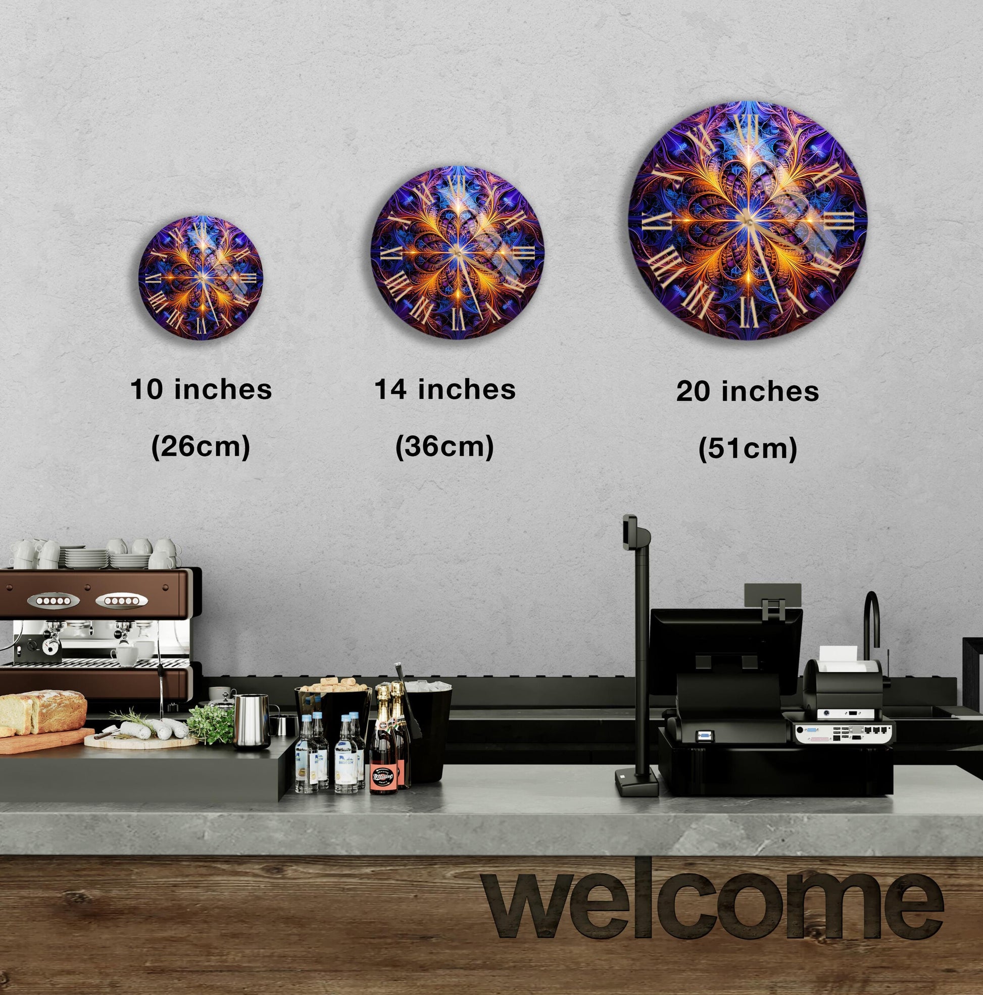 a kitchen counter with three clocks on the wall