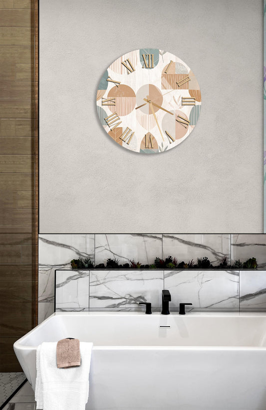 Tempered Glass Wall Clock – Beige Green Geometric Design | Modern Minimalist Decor