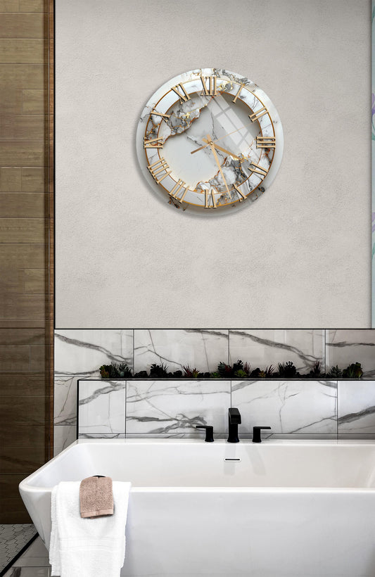 Marble Wall Clock – Tempered Glass Silent Clock | Gold Accent | Modern Art Decor