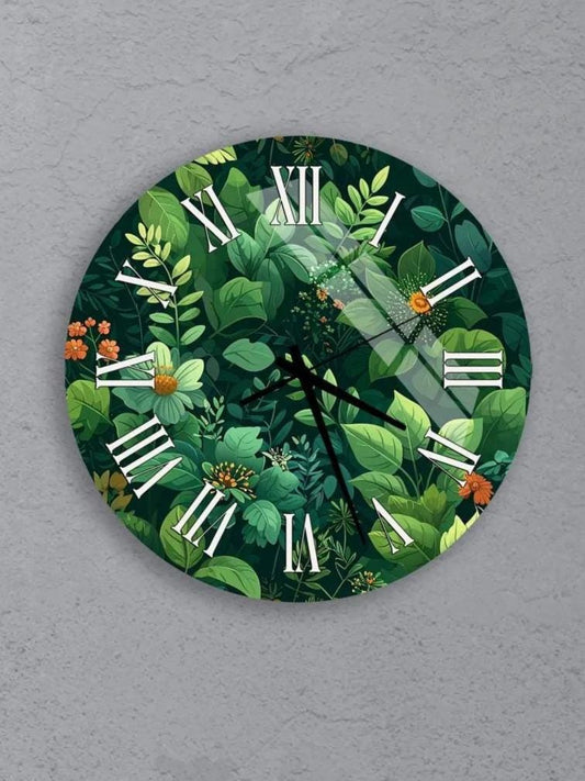 six circular wall clocks with green foliage designs.
