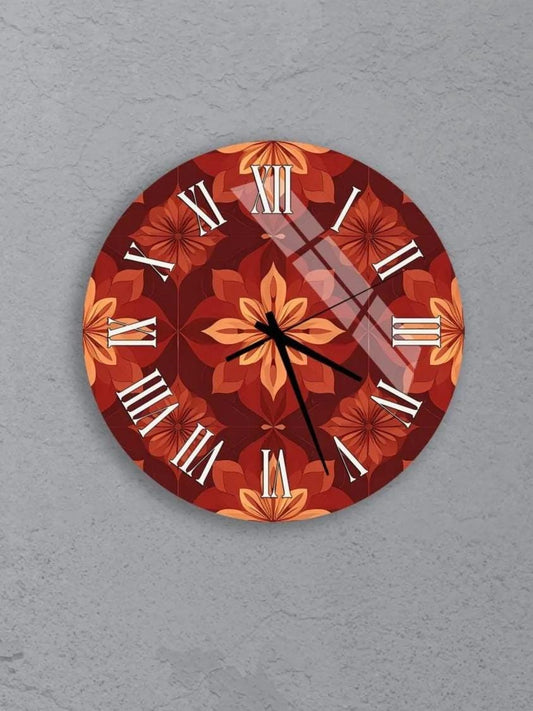 six circular wall clocks with a floral pattern on their faces, arranged in a grid on a gray background.