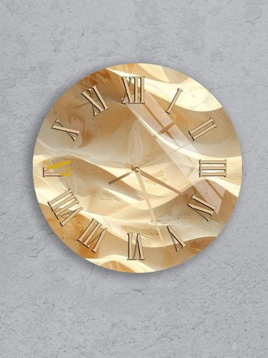 six round wall clocks with gold-colored faces, arranged in a grid pattern on a gray background.