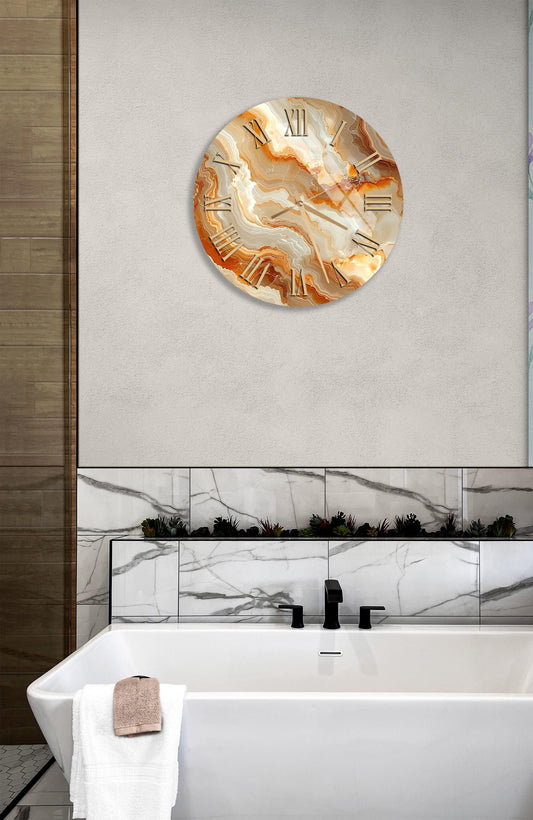 Tempered Glass Wall Clock - Brown Beige Agate Style, Silent Sweep Movement