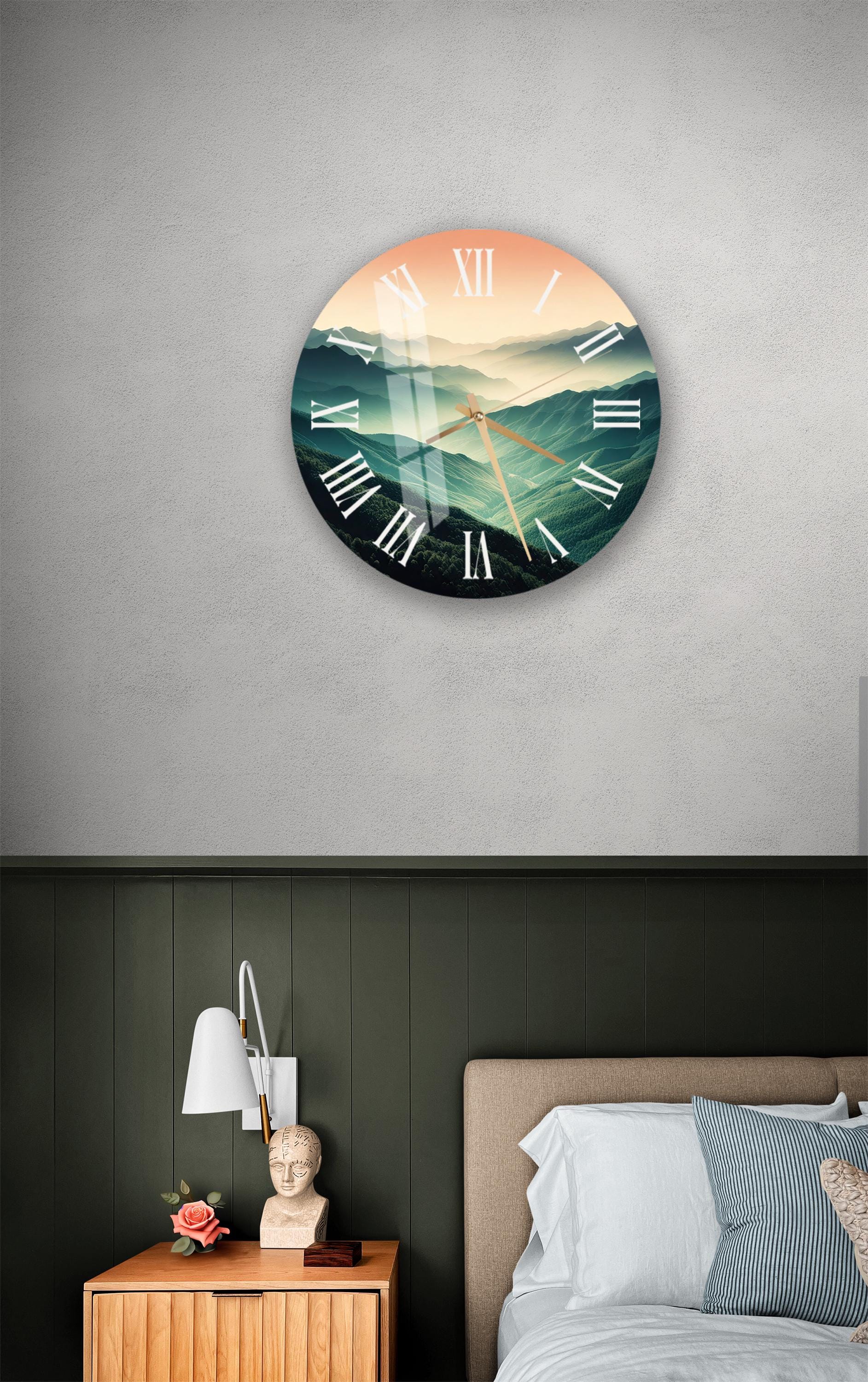 a bedroom with a bed and a clock on the wall