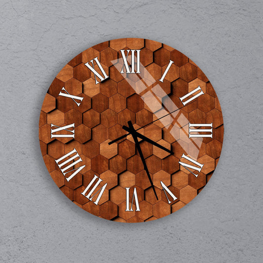 a round clock with a wooden texture and Roman numerals on a gray background.