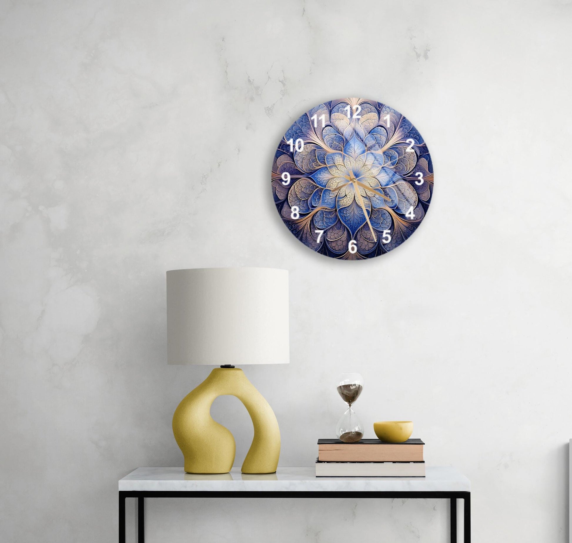 a table with a lamp and a clock on it