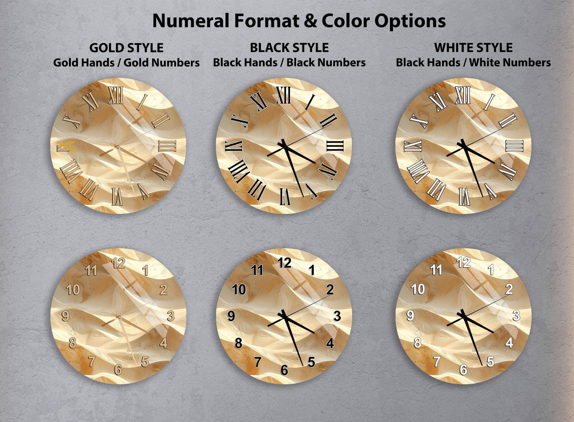 a collection of six clock faces with different styles and color options, arranged in a grid format.