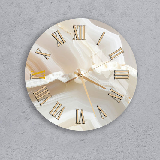 A round wall clock with Roman numerals on a beige background.