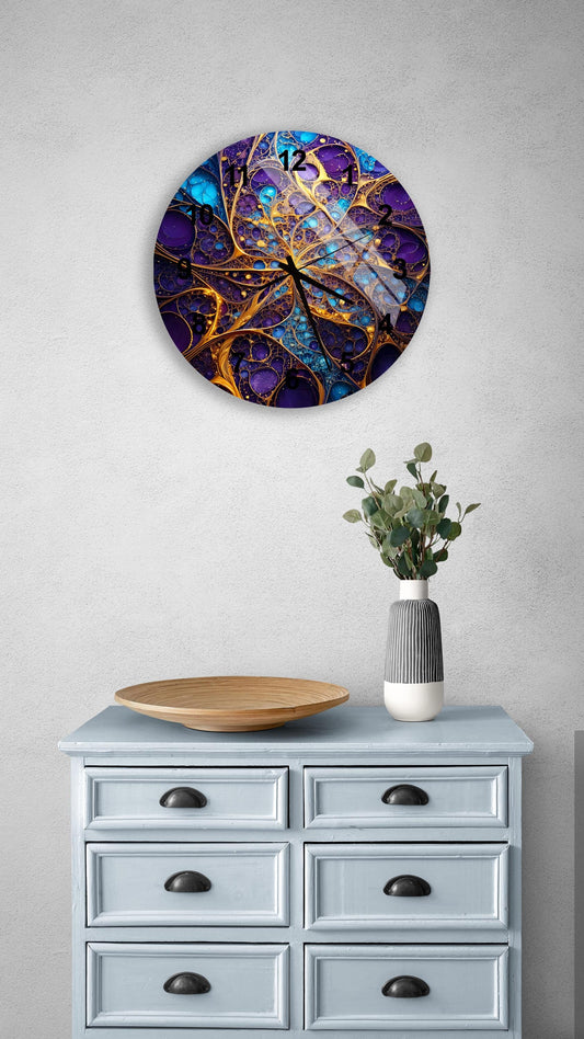 a blue dresser with a white vase and a painting on the wall
