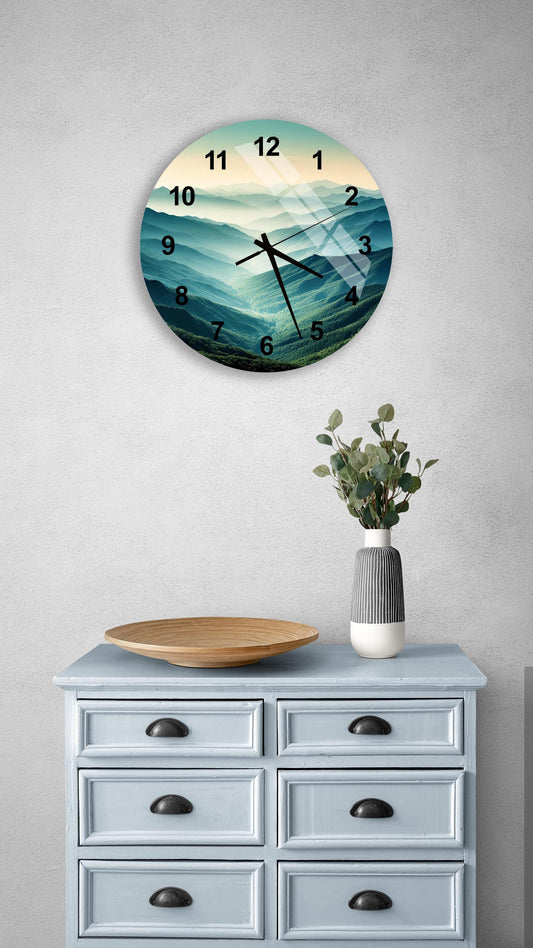 a clock on a wall above a dresser