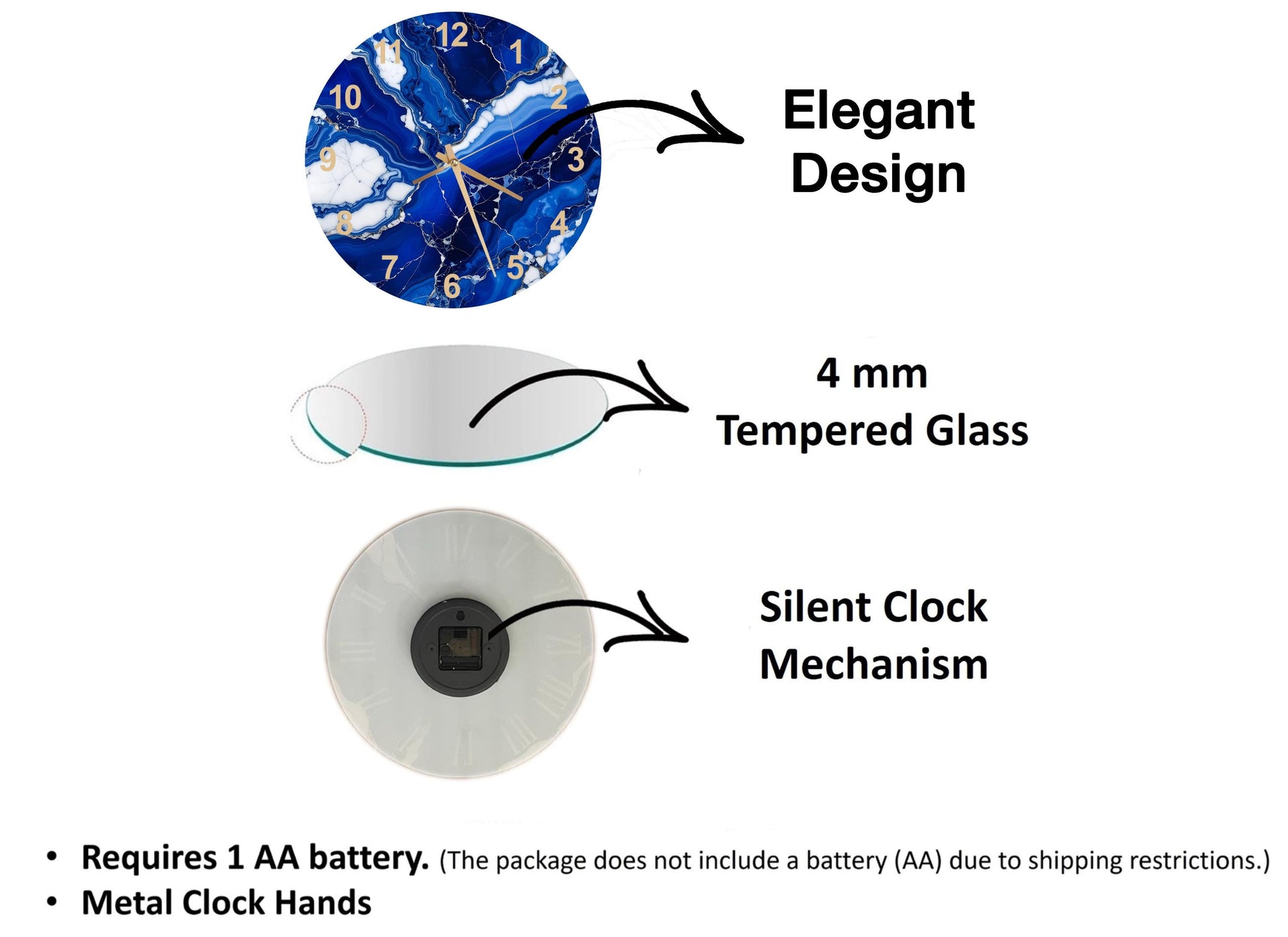 The image is a diagram that illustrates the features of a clock, including its design, materials, and mechanism. It shows a 4 mm Tempered Glass face, a silent clock mechanism, and a metal clock hand. The diagram also includes text that explains the features of the clock, such as the requirement of a 1 AA battery and the absence of a battery (AA) due to shipping restrictions.