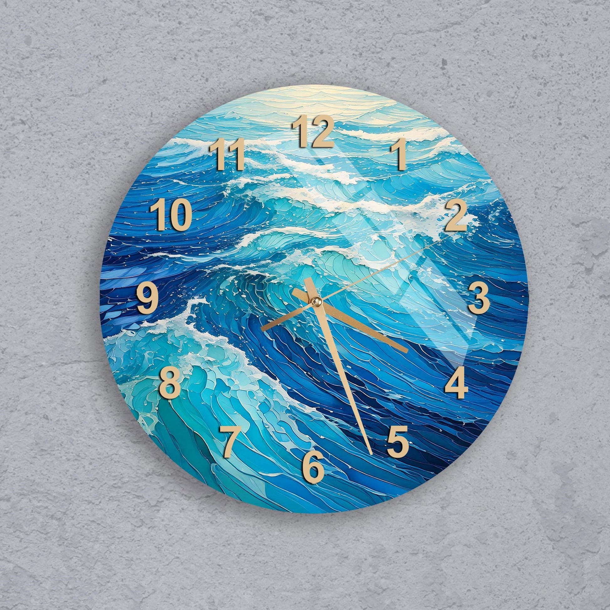 a clock with a painting of a wave on it