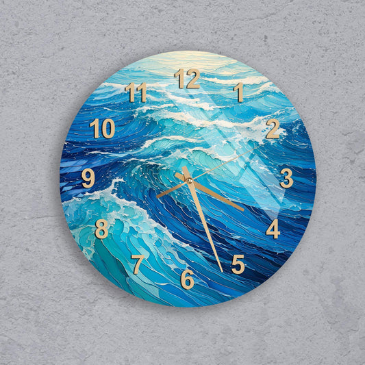 a clock with a painting of a wave on it