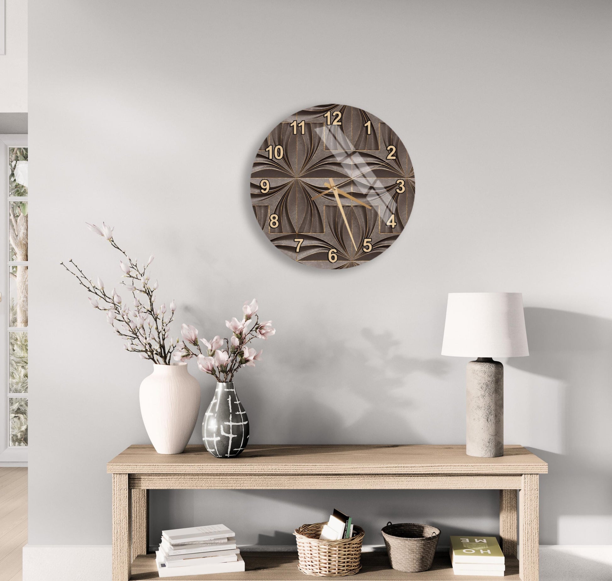 a modern living room with a wooden table, a lamp, a clock, and decorative elements such as a vase with flowers and a book.