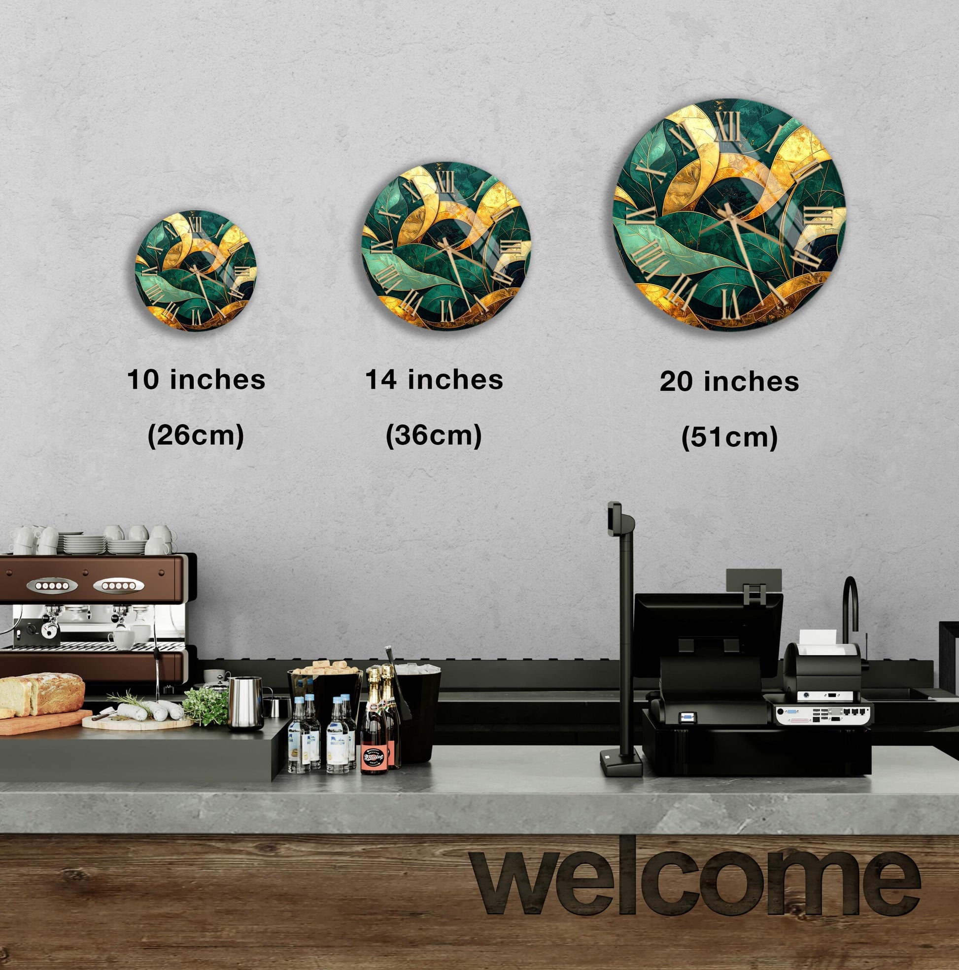 a wall with three different clock designs, each representing a different size: 10 inches, 14 inches, and 20 inches. Below the clocks, there is a counter with various items such as bottles and a cash register. The word "welcome" is also visible in the image.