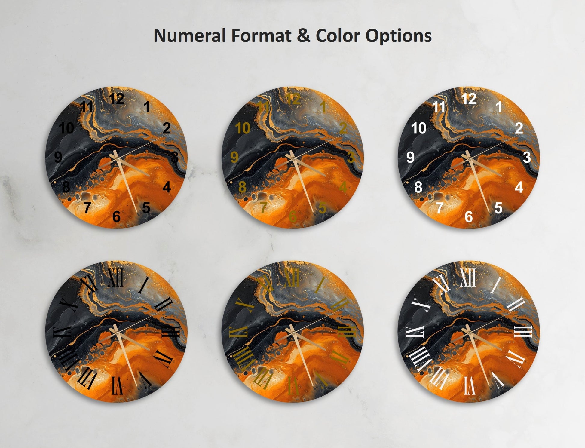 a set of four clocks with different designs on them