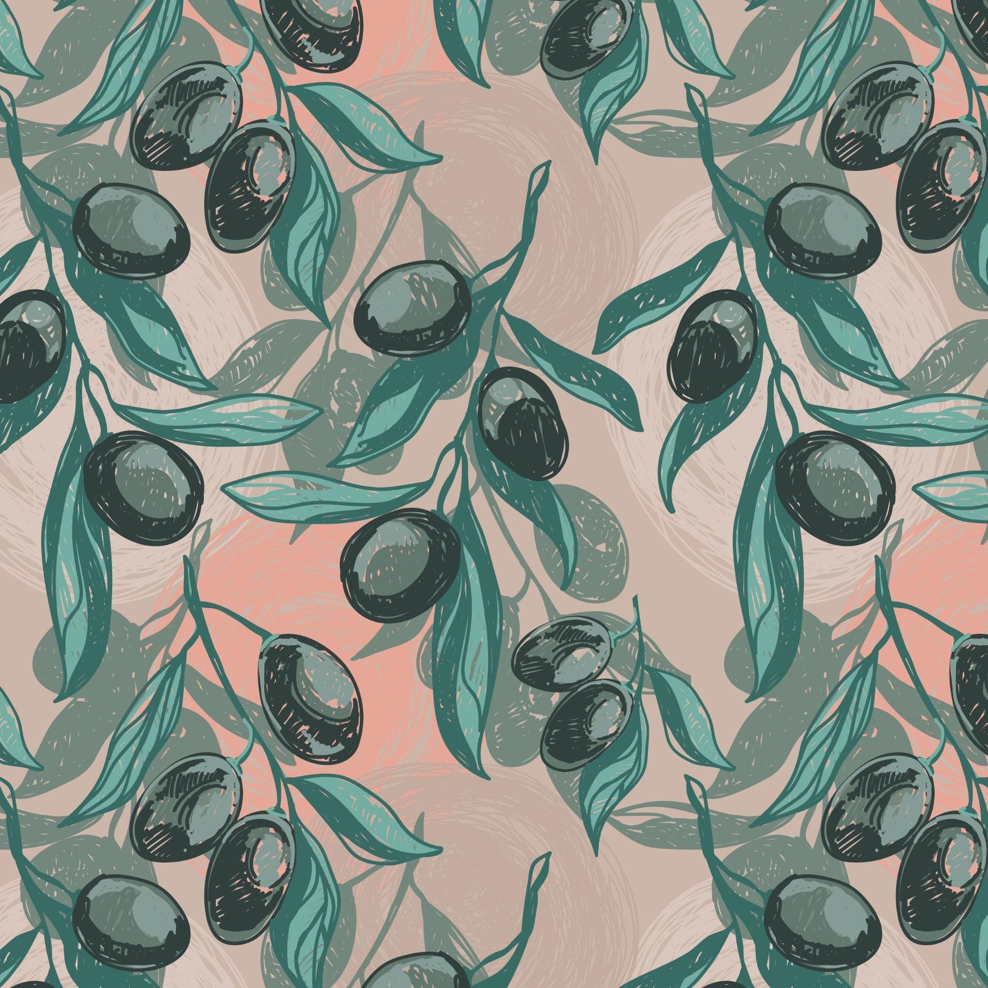 a repeating pattern of stylized black olives and green leaves on a light pink background.