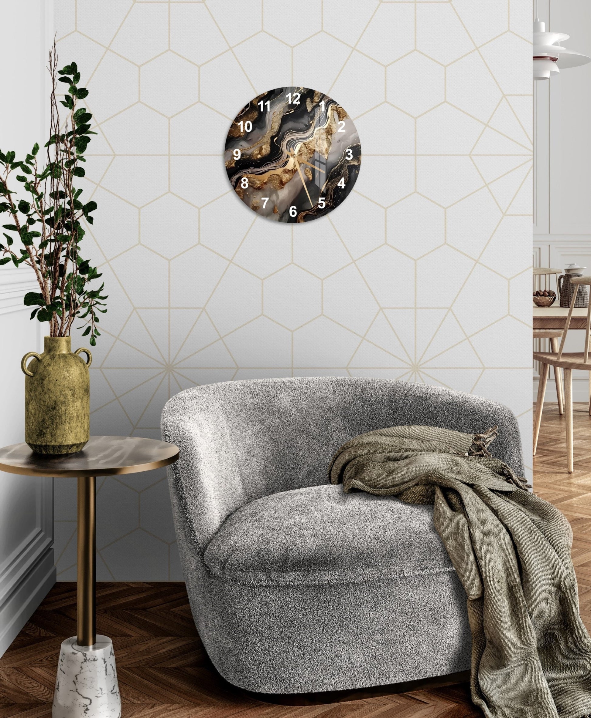 a living room with a chair and a clock on the wall