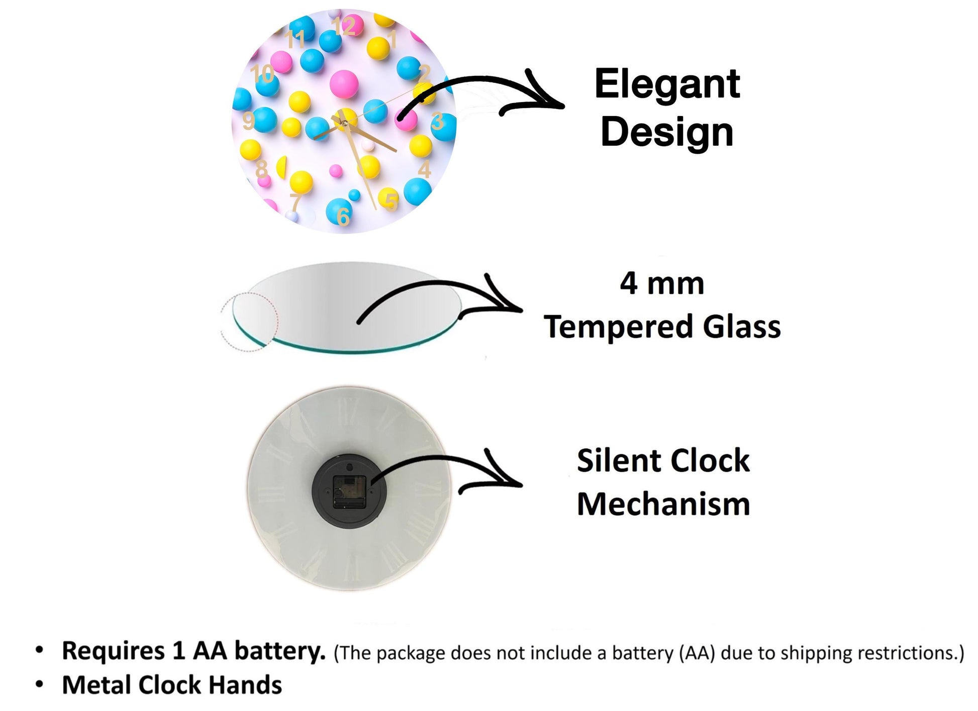 The image is a diagram that illustrates the components of an elegant design clock, including a 4 mm Tempered Glass face, a silent clock mechanism, and metal clock hands.