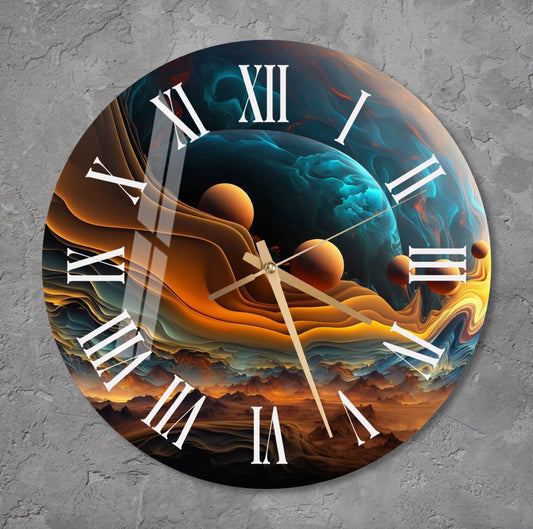 a clock with a picture of a planet in the middle of it