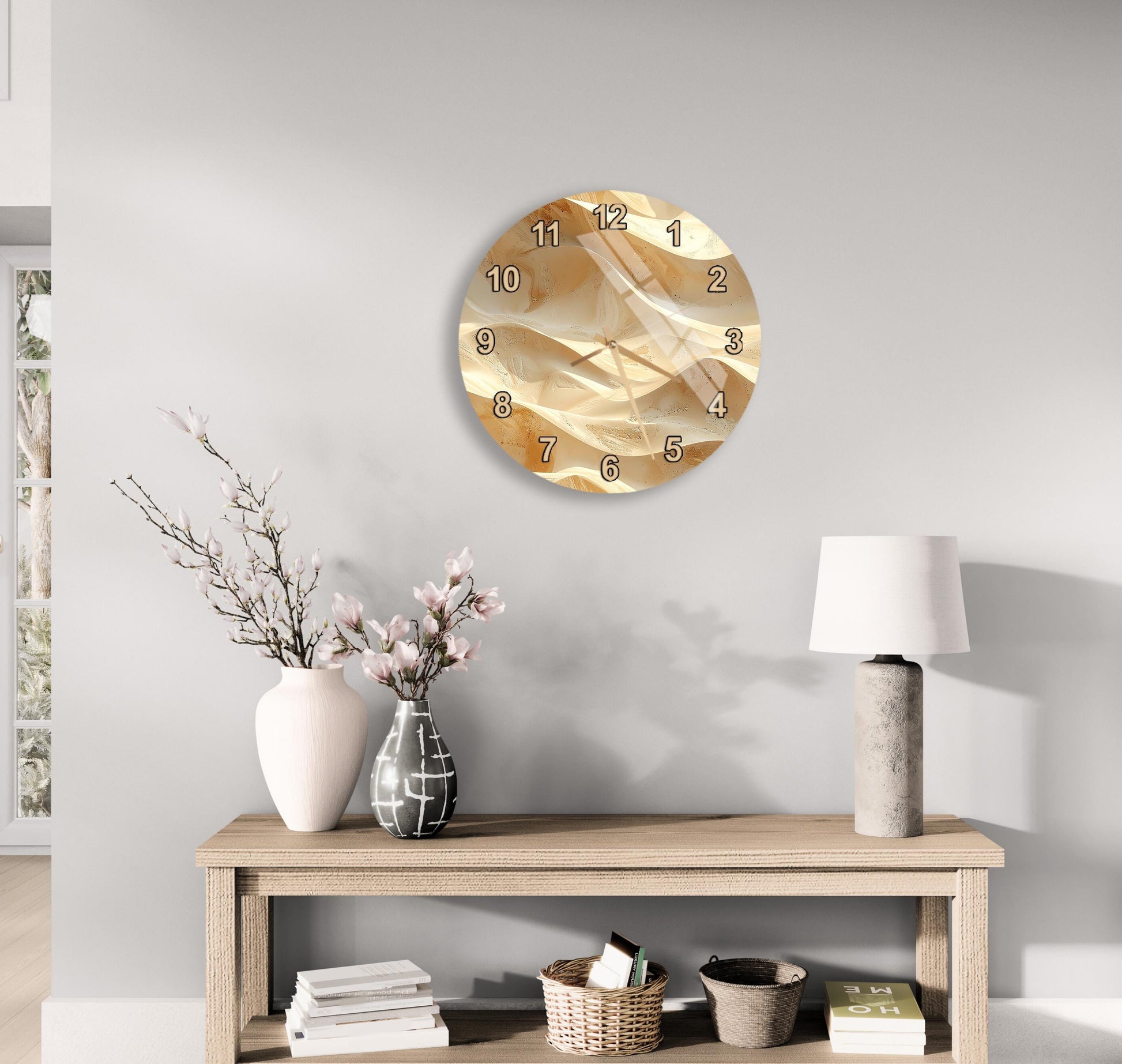 a modern living room with a wooden table, a lamp, a clock, and decorative elements such as a vase with flowers and a book.