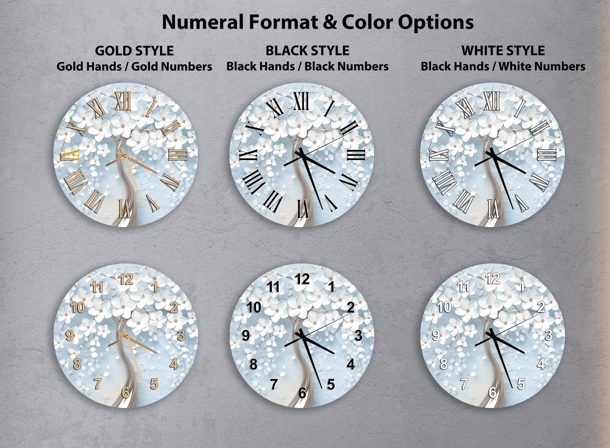 a collection of six wall clocks with different styles and color options, including gold hands, gold numbers, black hands, black numbers, white hands, and white numbers.
