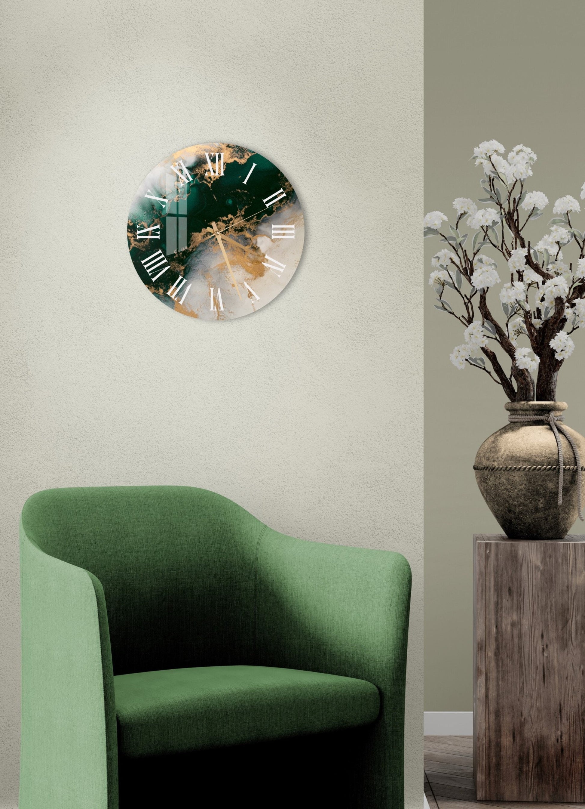 a green chair in a room with a clock on the wall