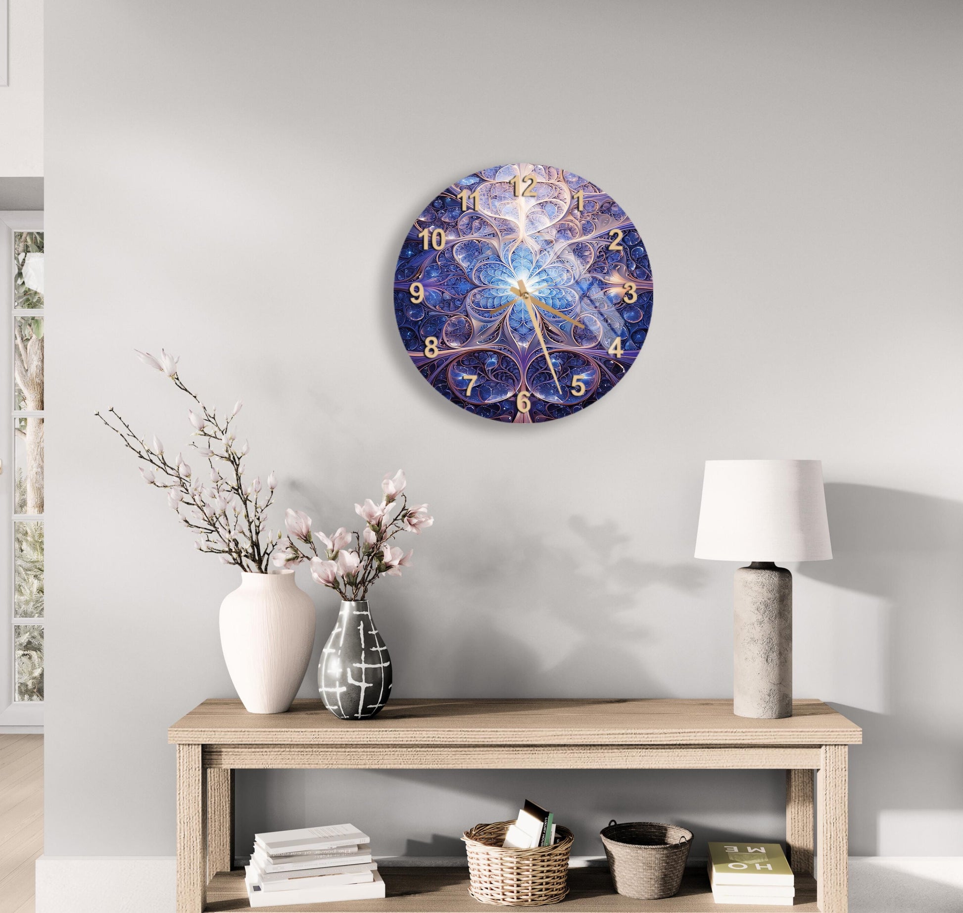 a table with a vase of flowers and a clock on the wall