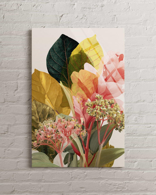 Tempered Glass Wall Art - Floral Botanical Glass Art with Vibrant Layered Leaves