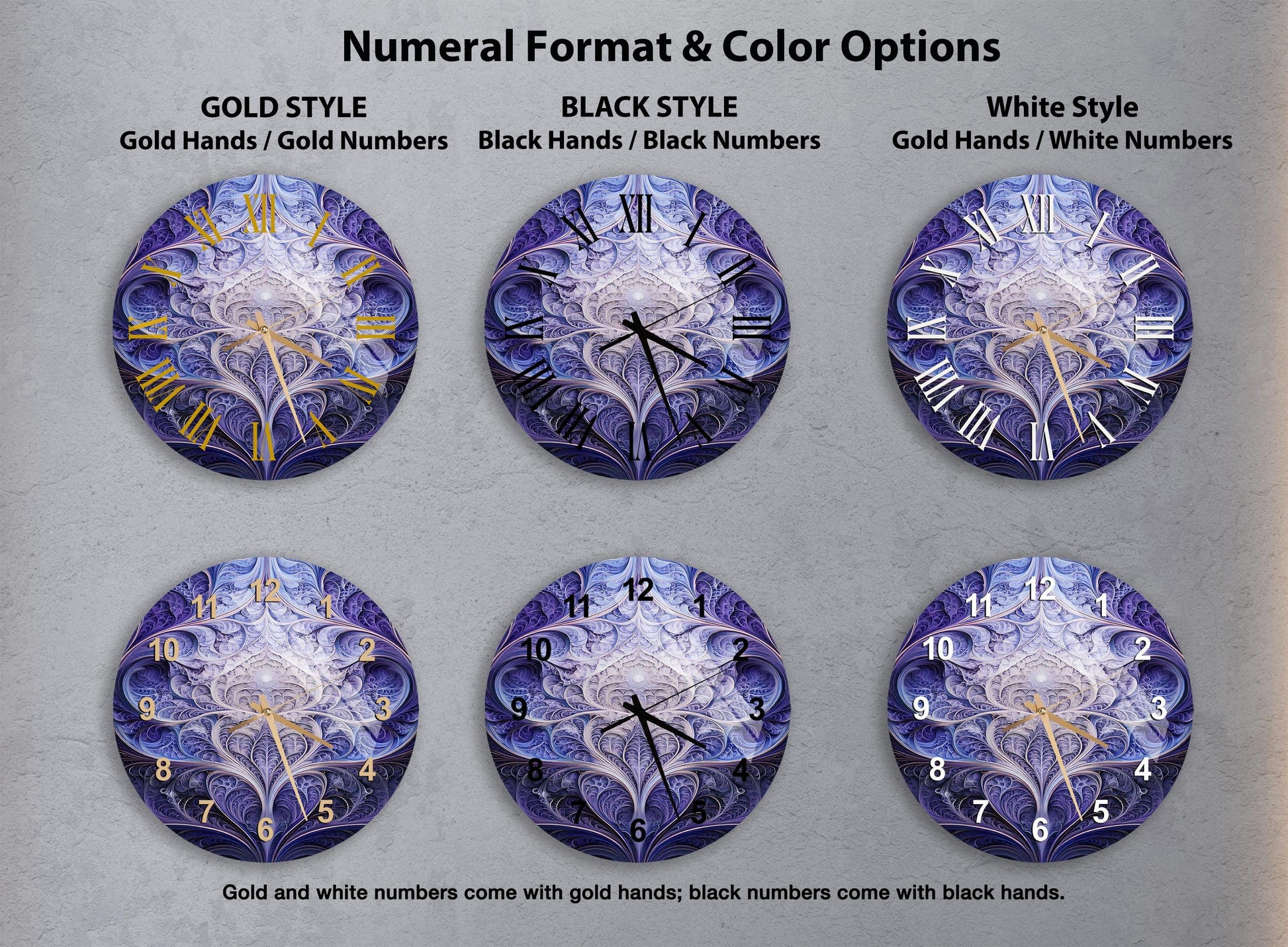 a set of four blue and white clock faces