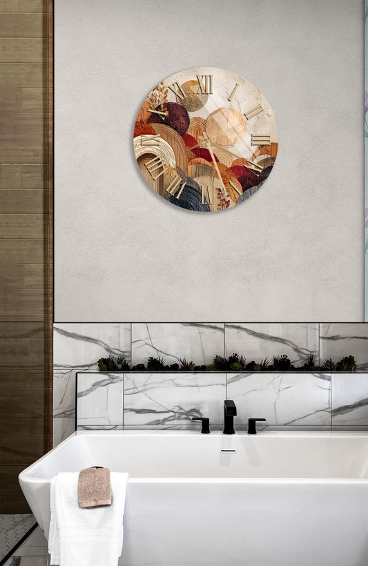 Tempered Glass Wall Clock – Beige Abstract Circle Design | Large Decorative Clock