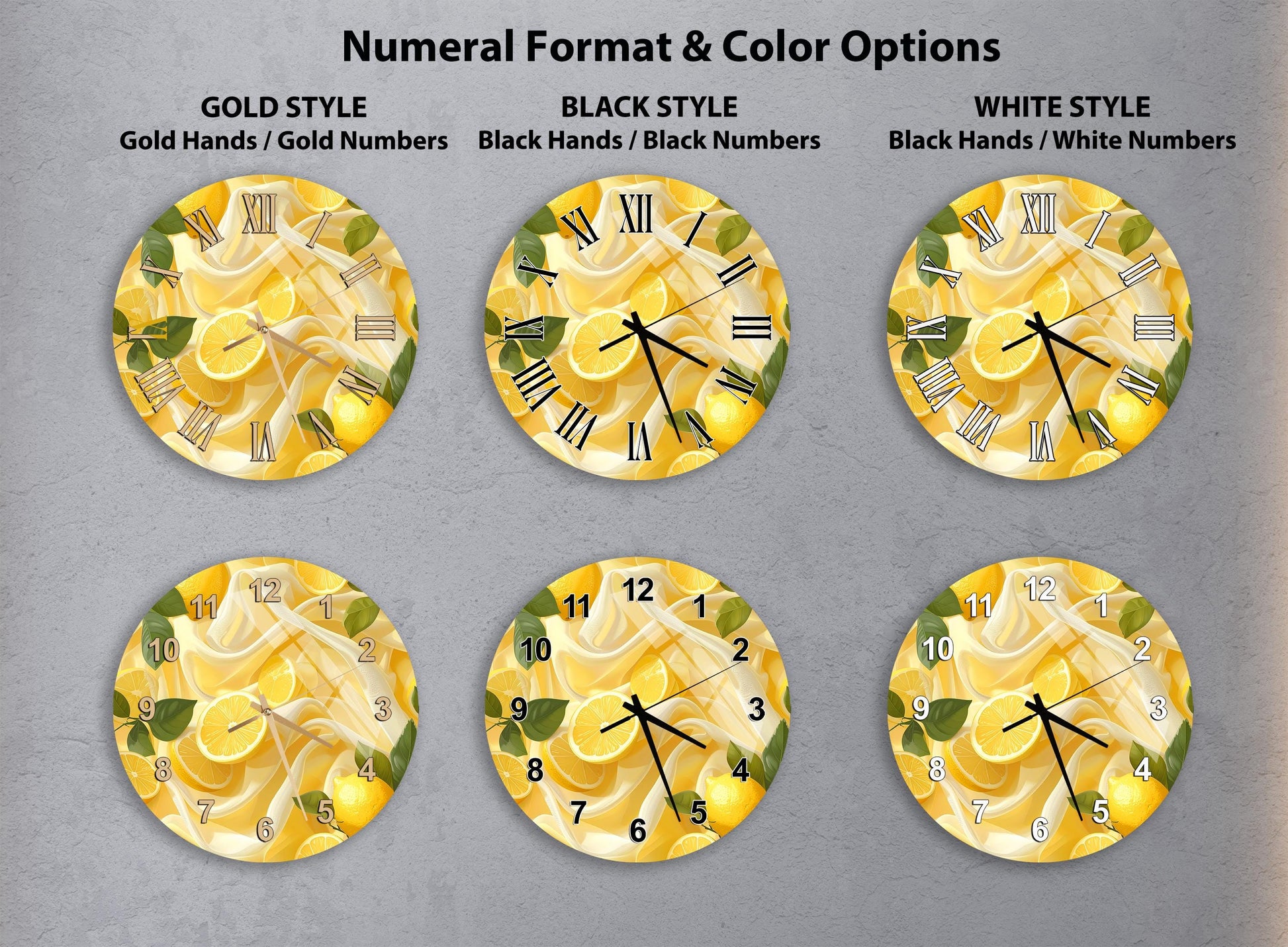 six different clock designs, each with a unique color scheme and style. The clocks feature a vibrant yellow background with black hands and numbers, and the color options include gold, black, and white.