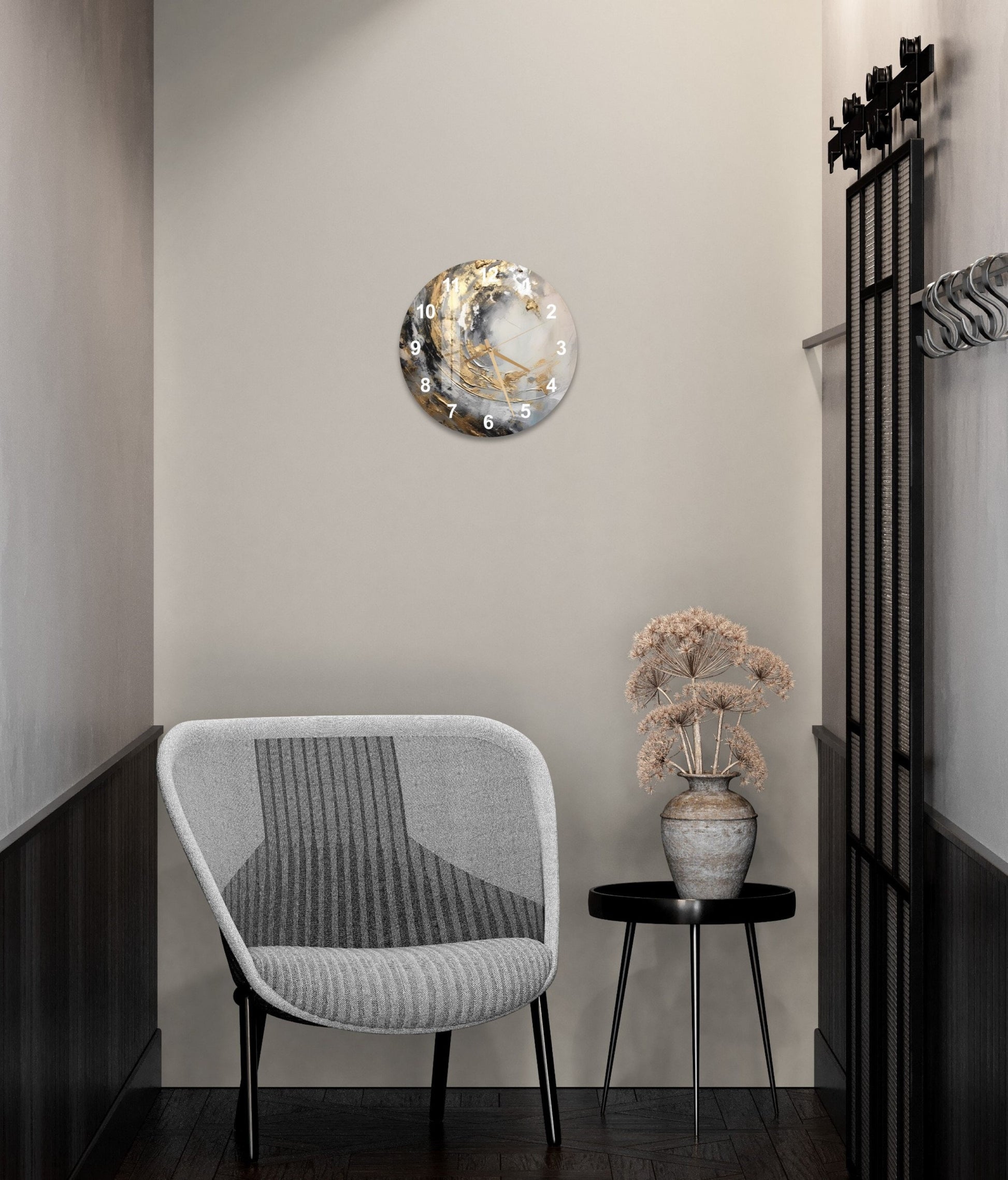 a chair and table in a room with a clock on the wall